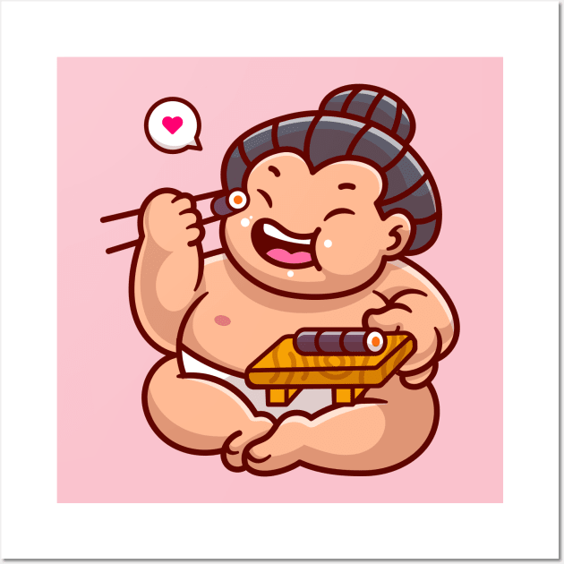 Cute Sumo Eating Sushi Cartoon Wall Art by Catalyst Labs